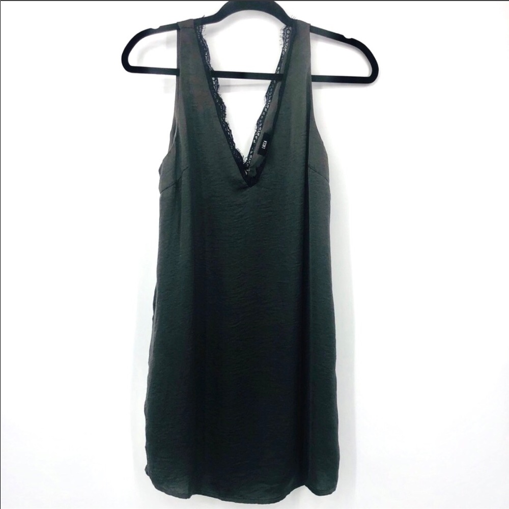 ✨Y2K Lucca Gray Black Satin V Neck Lace Trim Shift Slip Dress with Pockets Indie